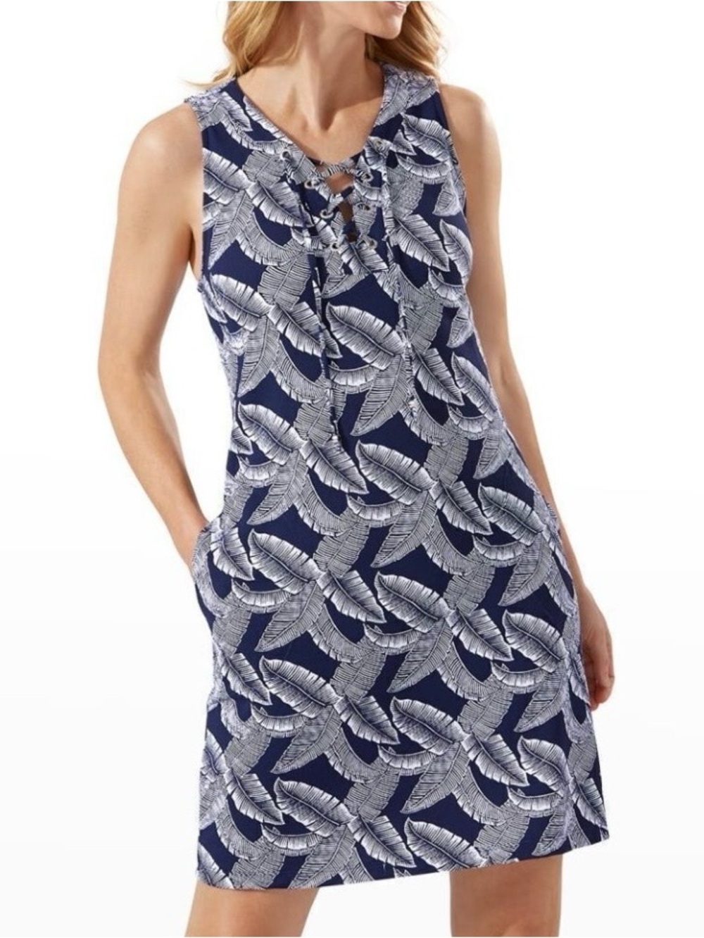 Tommy Bahama Island Cays Navy Blue Palms Lace Up Spa Dress